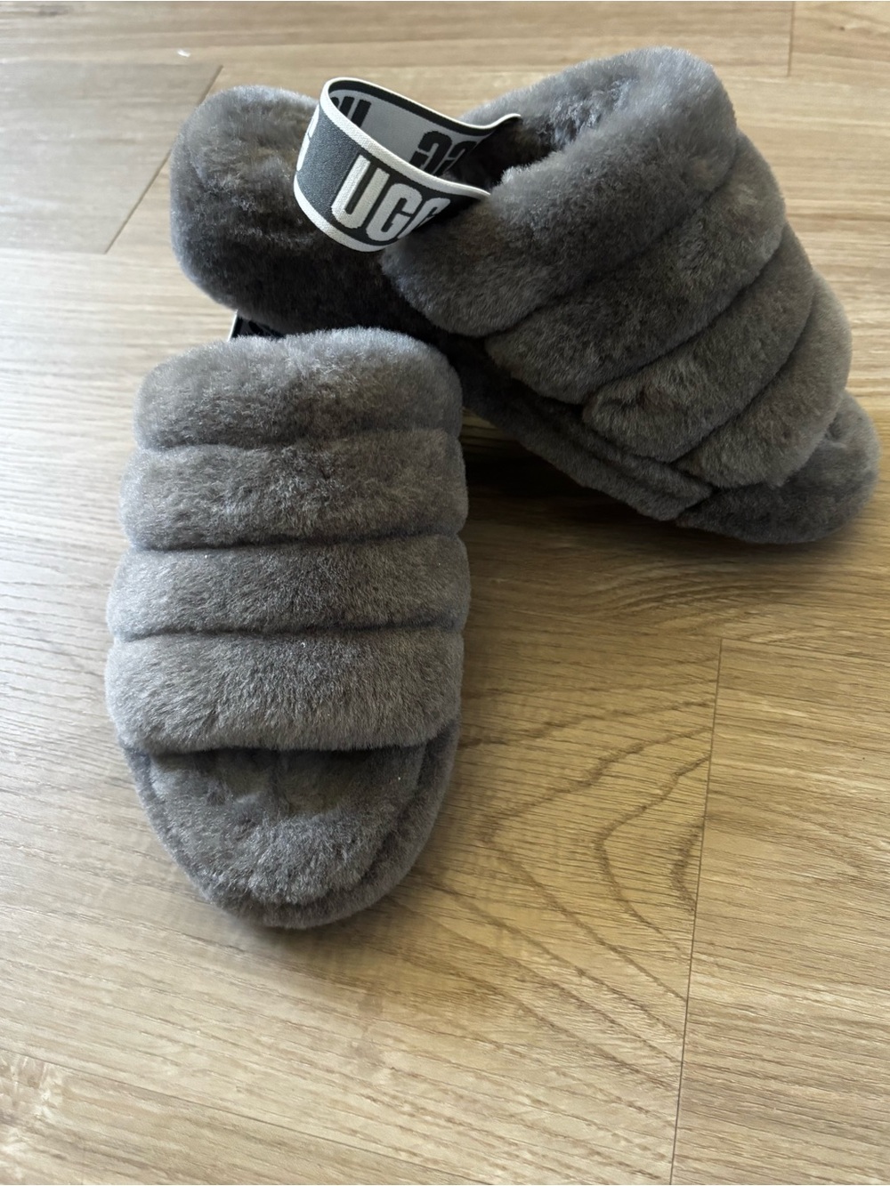 UGG Grey Plush Quilted Shearling Slide Sandals Size 8